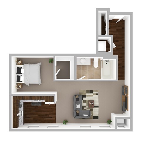 Floor plan for 1 bed, 1 bath, 621 sqft